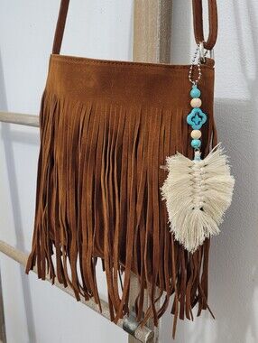 NWOT Western Fringe Faux Suede Handbag Real Stone Turquoise Keychain Purse Charm